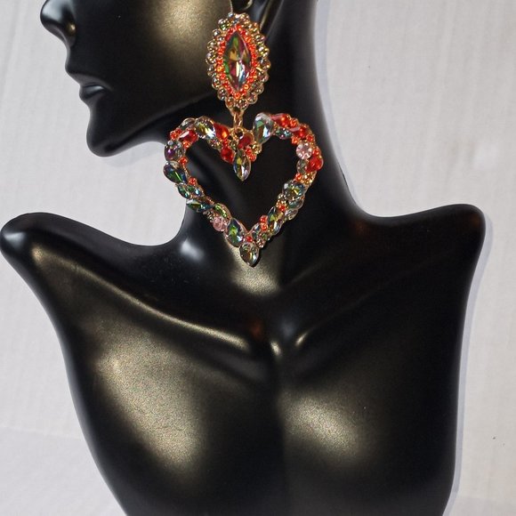 Pink Crystal Statement Heart Earrings - Picture 1 of 8